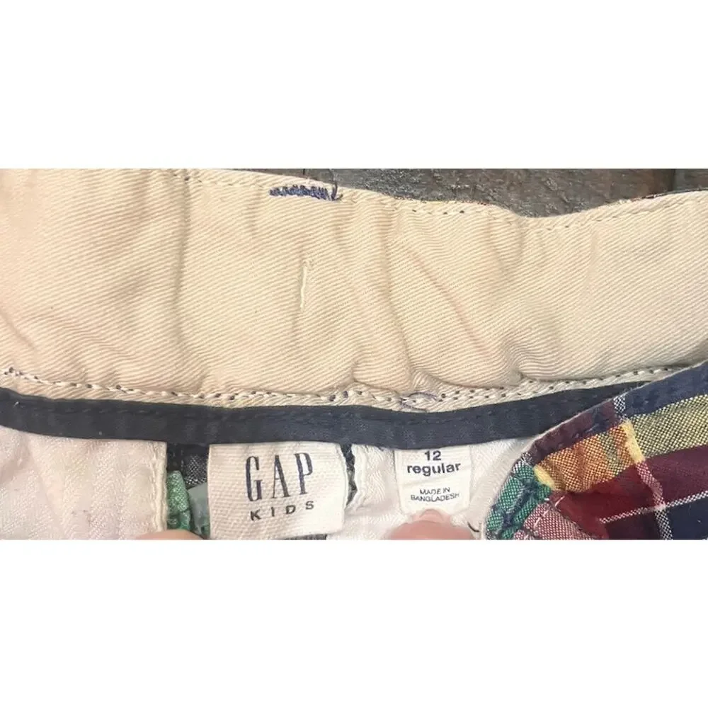 Gap Kids Madras Plaid Cargo Shorts Blue Yellow Green Flat Front Preppy Size 12